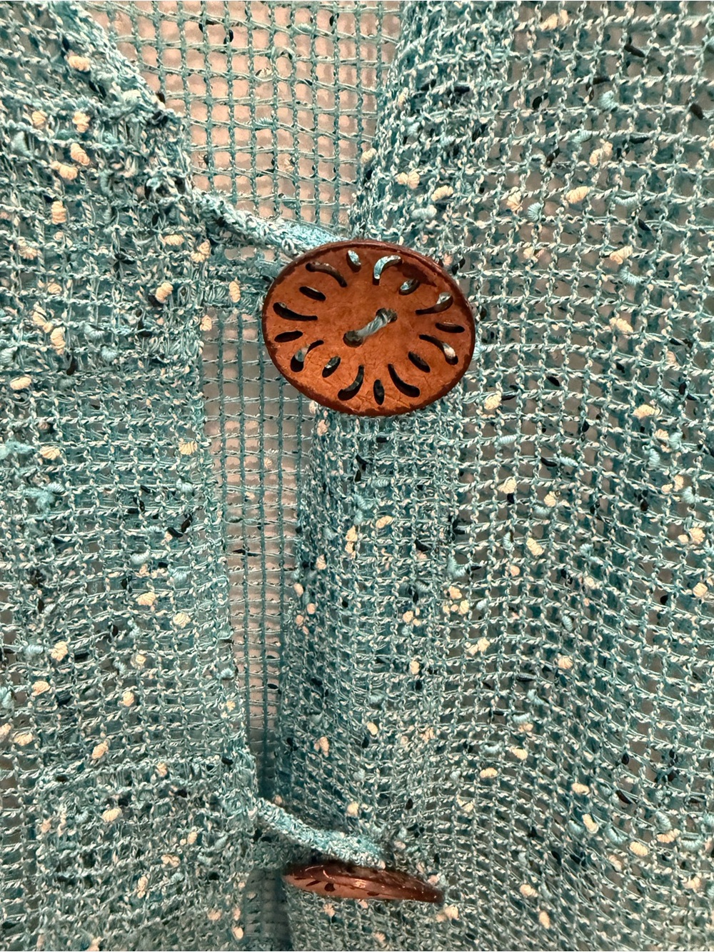Open-Weave Turquoise Cardigan with Wooden Buttons - Picture 2 of 5